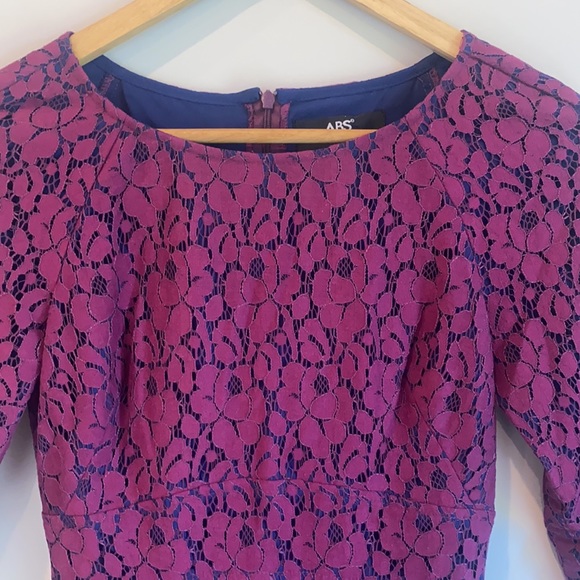 ABS Allen Schwartz purple lace cocktail dress size 0 mini dress 3/4 sleeve - Picture 5 of 7